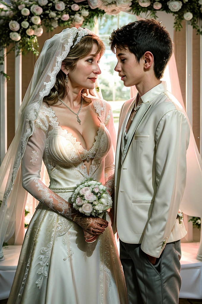 ((Mother and son getting married picture:1.5)), Ultra detailed photo of a ultra sexual incredibly gorgeous Ukrainian 32 year old super beautiful sexy angelic supermodel mother nun bride dressed in a gothic cathedral, ultra mini bridal skirt, perfect skin, perfect faces, mystical lights, backlit, ((very detailed faces)), focus on face, (cleavage:1.5), ink lines, dynamic, modern, awe inspiring, whimsical, complex, dreamlike, magical, visually stunning, bright ambient light, well lit room,