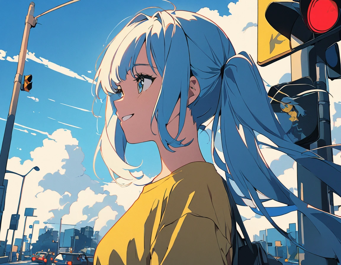 Traffic lights flashing blue against a blue sky、Traffic lights floating in the sky、Light blue long hair、Beautiful girl with twin tails、Bright smile、Yellow T-shirt and jeans、The traffic light is flashing blue、White clouds on a clear sky、Face Highlights、Lo-fi art style, Nostalgic and melancholic artwork,