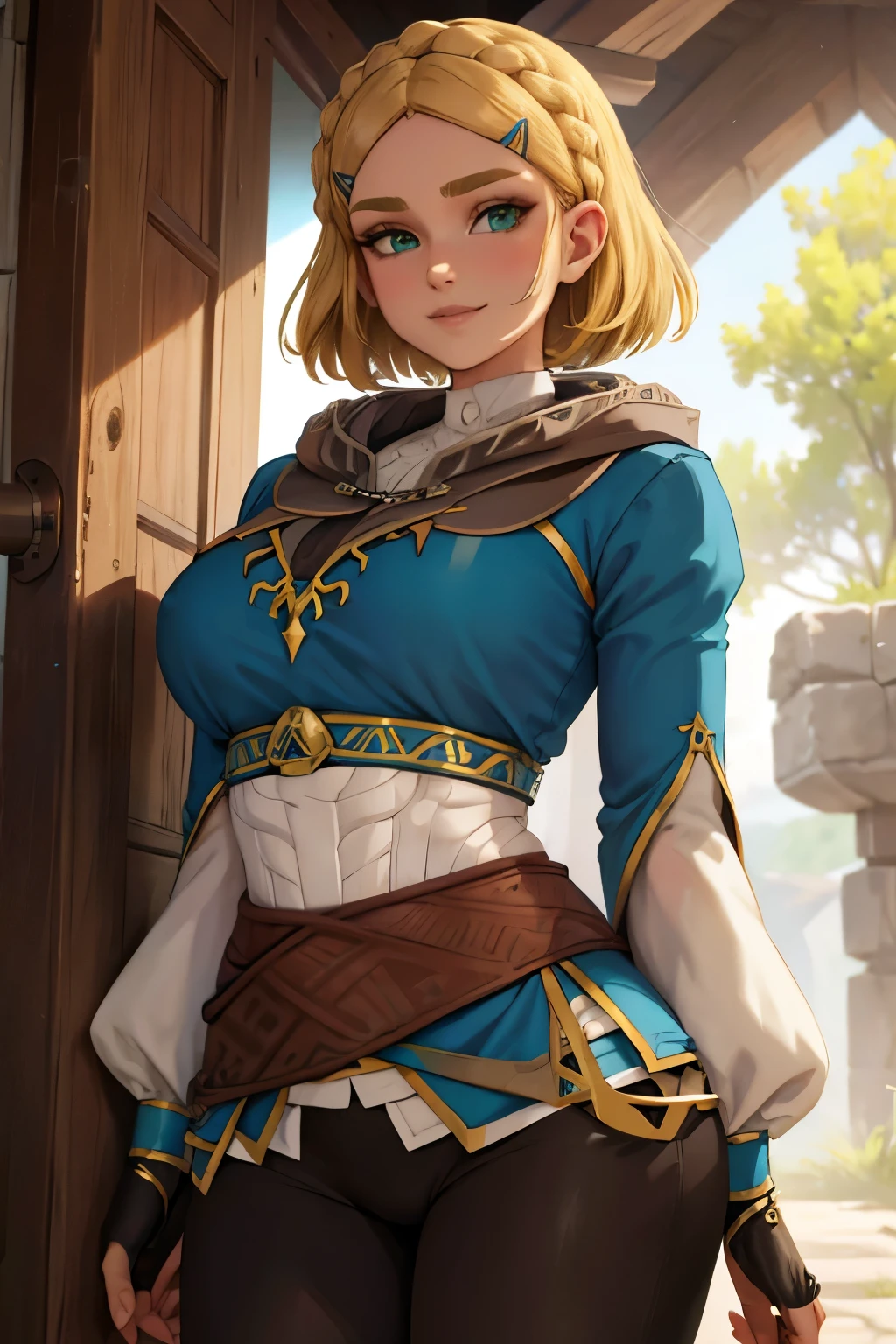 jambes grasses, gros seins, sourire, (extremely fine and beautiful:1.1), (perfect details:1.1), (finely detailed eyes and detailed face:1.3), Princess Zelda, narrow hips, slender thighs, small ears, pointy ears, braid, hair ornament, hairclip, gloves, fingerless gloves, blue shirt, shirt, long sleeves, crown braid, bangs, pants, black gloves, green eyes, parted bangs, black pants, blonde hair, short hair, long hair, cape, sidelocks, hood, thick eyebrows, jewelry, hooded cape, belt, tight pants, tight, puffy sleeves, 