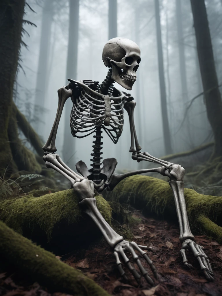 award winning photograph of a old broken skeleton with a black ooze coming from inside the broken bones, in a old creepy forest covered in fog, magical, whimsical, fantasy art concept,  intricate details, best quality, masterpiece, ultra shartp, hyper realistic, realism 