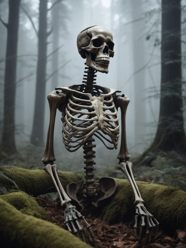 award winning photograph of a old broken skeleton with a black ooze coming from inside the broken bones, in a old creepy forest covered in fog, magical, whimsical, fantasy art concept, intricate details, best quality, masterpiece, ultra shartp, hyper realistic, realism