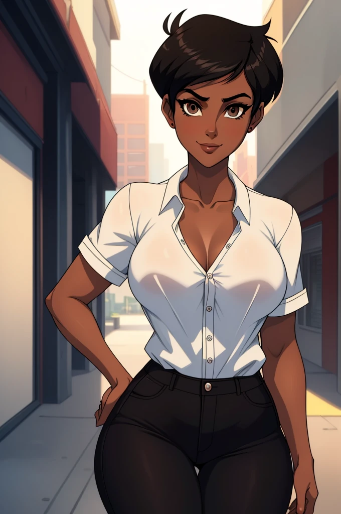 ((ultra quality)), ((masterpiece)), Lois Lane, cute smile, smile, ((black short hair tomboy hairstyle)), (Beautiful face), (beautiful female lips), (), charming, ((sexy facial expression)), (Dark skin color), (dark skin), glare on the body, ((detailed beautiful female eyes)), ((dark brown eyes)), (juicy female lips), (dark eyeliner), (beautiful female hands), ((ideal female figure)), ideal female body, beautiful waist, gorgeous thighs, beautiful medium breasts, ((subtle and beautiful)), sexy worth, (White shirt, Black jeans) background: bikini, ((depth of field)), ((high quality clear image)), (clear details), ((high detail)), realistically, professional photo session
