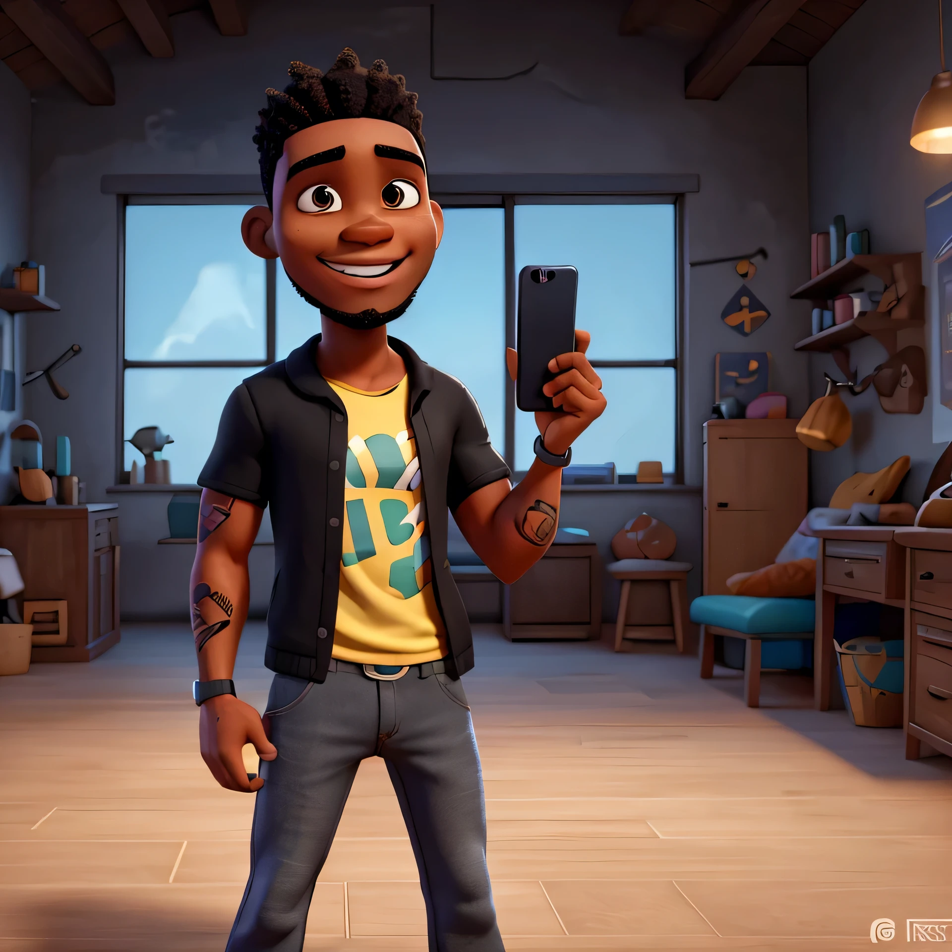 Pixar style character, strong young black man, very happy, with a short beard, holding a cell phone in his hand, short hair, almost bald and tattoos on his arm, with lots of details, no noise, 8K resolution, full body, no background, black shirt