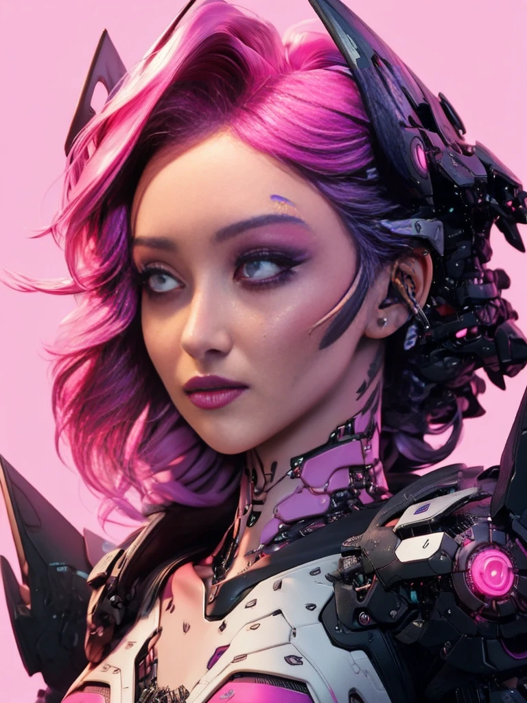 medium-wide shot, WhitDel, pink eyes, pink hair, pixie cut, (((pale skin))), neonhypnopmv style, robotization machine, cybernetic implants, glow <lora:NeonHypnoPMV:0.7> <lora:WhitDel:0.9>