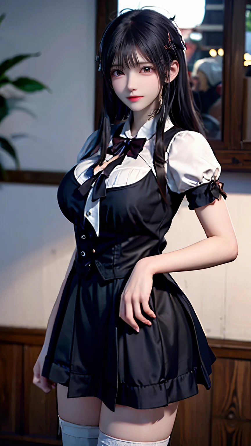 8k, Ultra-high resolution, highest quality, masterpiece, Rule of thirds photograph,Surreal, photograph, 1 girl, (:1.3), pretty girl, Cute Face, Beautiful eyes in every detail, 細かくdetailedに,masterpiece,, One Girl:1.2, Japanese junior high  in maid clothes:1.5，Wearing black tights:1.5，The best smile:1.5，whole bodyショット:1.5，Gray background:1.5，Wearing black high heels:1.5，Sidewave shorthair:1.5，Sitting cross-legged:1.5 、 ( Leather lace-up corset and panties、garter belt,Shiny black silk stockings),((Bondage and Gothic Lolita)) 、Intricate decorative details 、 Vibrant colors 、 Very intricate detail 、 Realistic Light 、 CG Trends、Sparkling eyes、To the camera、Small breasts、Long straight black hair、whole bodyを直立させた姿勢、Inner part of a cathedral,Looking at the audience、beauty,Long neck、Laugh a little、Please close your mouth and laugh、(((Ideal body type))),A-cup small breasts :2,whole body、Perfect Anatomy、鮮明なdetailed、detailed、Surreal、Light and shadow,Strong light