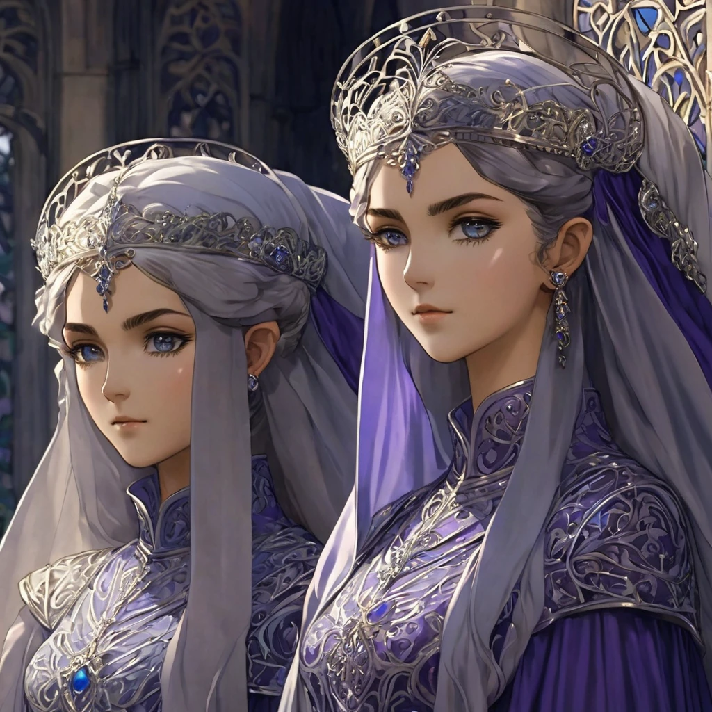 Full picture images Young Gondorian women in a almost gothic quasi byzantine gown a white silver or pale gray with intricate detail some deeper darker richer colors blues purples with silver and god and kinda filigree pattens wearing a pale filmy headveil with small somewhat simple design silver slender circlet around itkinda anime looks feel in a kinda leafy qyasi gothic byzatine ladscaped courtyard gardens