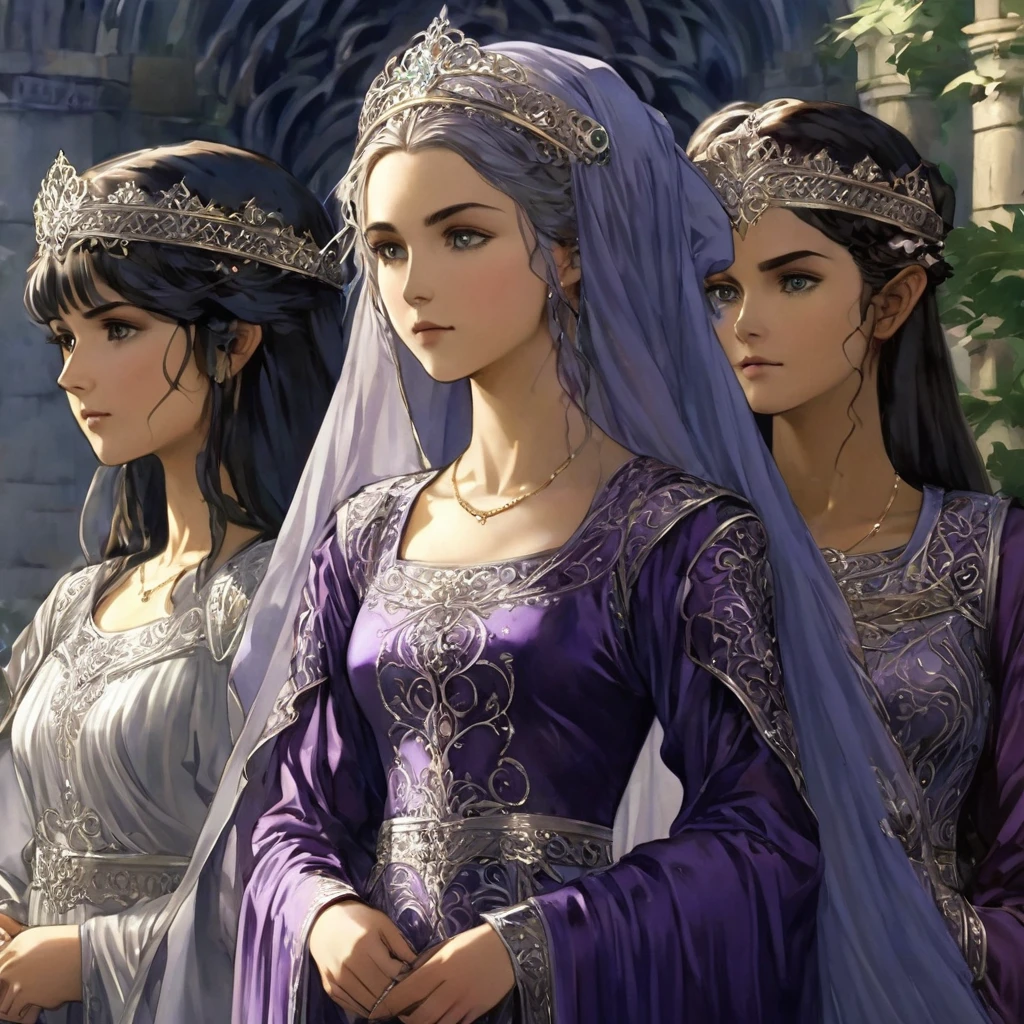 Full picture images Young Gondorian women in a almost gothic quasi byzantine gown a white silver or pale gray with intricate detail some deeper darker richer colors blues purples with silver and god and kinda filigree pattens wearing a pale filmy headveil with small somewhat simple design silver slender circlet around itkinda anime looks feel in a kinda leafy qyasi gothic byzatine ladscaped courtyard gardens