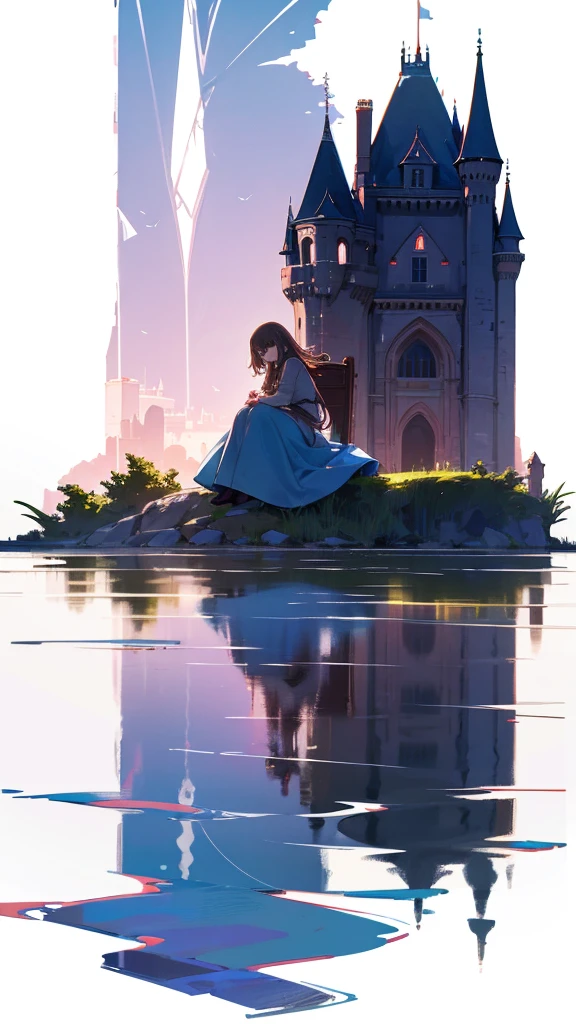 Abandoned castle facing the lake, Girl sitting on the water,Another boy emerged from the water,Reflecting the glorious years,The girl's reflection appears as a girl's lover,,Silhouette,Back,High contrast light,The lower part of the picture is a boy