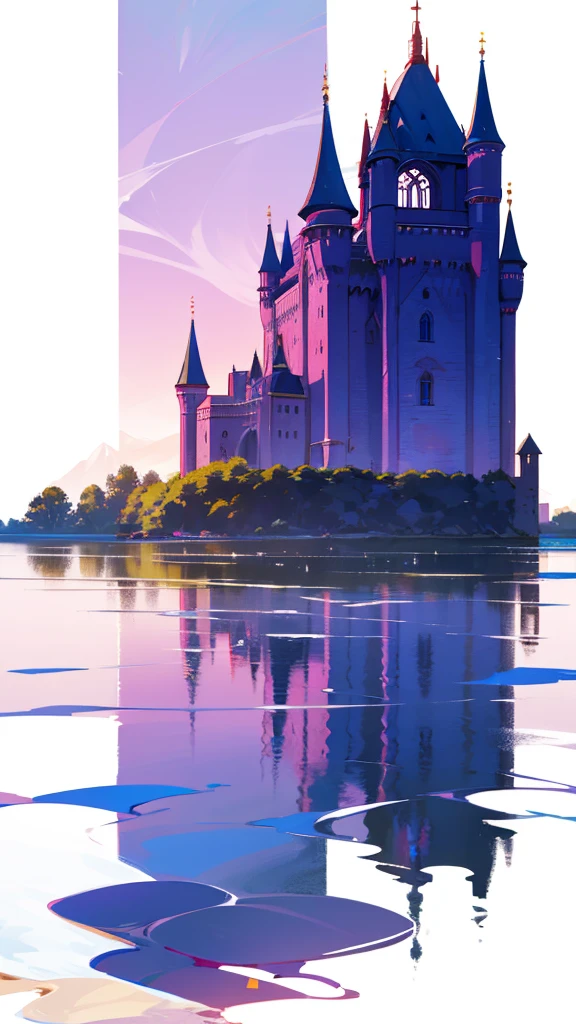 Abandoned castle facing the lake, Girl sitting on the water,Another boy emerged from the water,Reflecting the glorious years,The girl's reflection appears as a girl's lover,,Silhouette,Back,High contrast light,The lower part of the picture is a boy