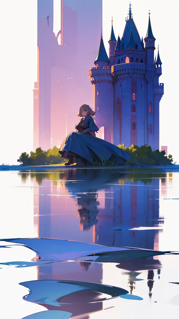 Abandoned castle facing the lake, Girl sitting on the water,Another boy emerged from the water,Reflecting the glorious years,The girl's reflection appears as a girl's lover,,Silhouette,Back,High contrast light,The lower part of the picture is a boy