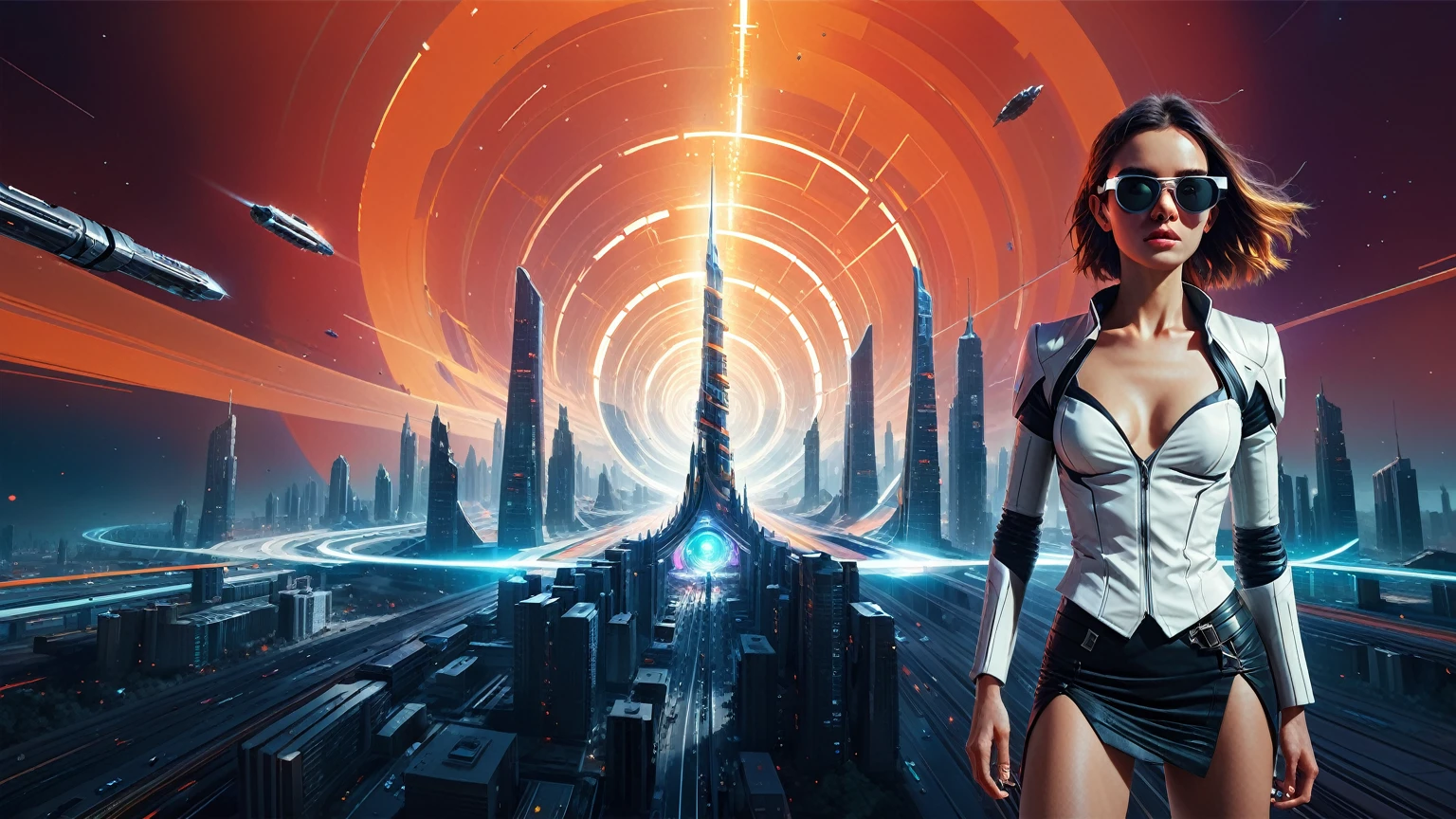 Brightly colored abstract aerial view image of a futuristic railway station with a spiral, a (((((futuristic all-glass train))))) passing by, epic beautiful space sci-fi, chaotic cinematic space rift, Greg Beeple, planets colliding, Beeple and Tim Hildebrandt, Beeple and Jean Giraud, end of the universe, (((((giant abstract sculpture))))), galaxy space sci-fi, ringworld, by Mike "Beeple" Winkelmann. Matrix style, (((((Matrix cascading code))))), (((((a futuristic twin tower skyscraper with a unique twisted design))))), (((((OLED GUI interfaces in the building))))), at night, (((((1girl, solo))))), photo realistic, (((large-breast:1.2 body, cleavage))), (((off broken mini sling-shirt and black sling bra, extreamly short pleated miniskirt exposing panty))), (((((running pose))))), (((((((matrix style black micro sunglasses))))))), ((((((((((aiming with a short gun)))))))))), (((((looking at camera))))), (((very low view))), (((((half-body thigh level medium shot))))), (((cinematic lighting))).