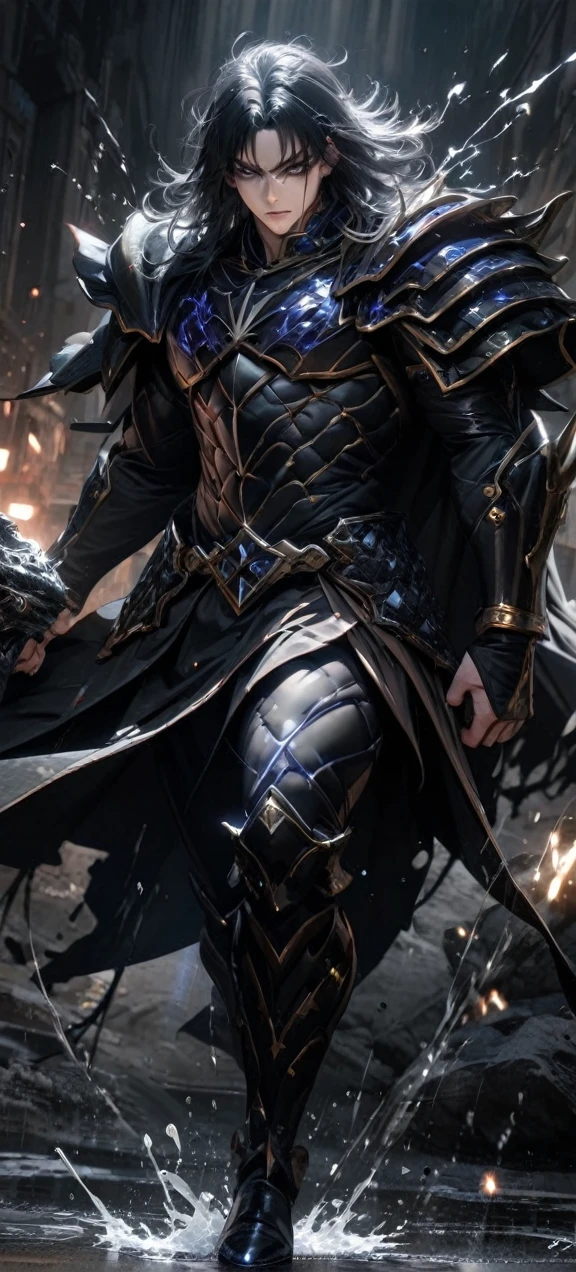 High quality, ultra realistic,absurdres, highres, ultra detailed, HDR, masterpiece, extremely detailed face and eyes, Sagitarius Seiya, Saint Saiya , Dark Armor, solo, ,man, handsome, ,white eyeleshes, black eyes , villain expresion, black splashing effect, dark black lightning effect,glowing glitters , symetrical , black aura, full body view