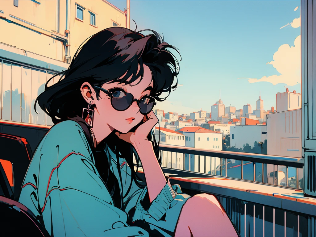 Swedish cityscape、Terrace seats、Cool black hair woman、Break、Wearing sunglasses