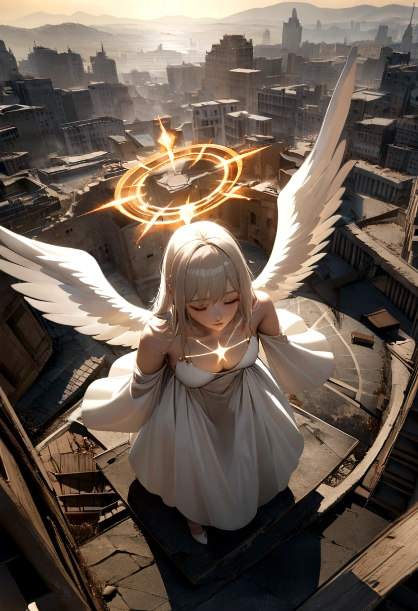 A very beautiful female angel\(Long platinum blonde hair, Wide back white dress,(There are beautiful big angel wings on the chest),Very beautiful shiny halo\), She gently opened her arms，Seeking redemption, She is above the clouds, looking down at the world below, Fierce war\((So many sparks and flames), fail, fighter, Many buildings collapsed, Nature is destroyed, Magnificent and spectacular views\) Happening Under the Clouds, rest ,quality\(8K,Extremely detailed CG unit wallpaper, masterpiece,high resolution,top-quality,top-quality real texture skin,Surrealism,提high resolution,original photo,Best quality,Very detailed,wallpaper,light,Ray Tracing,Golden Ratio\),[Not suitable for working hours],Dynamic Angle,[Not suitable for working hours],from above