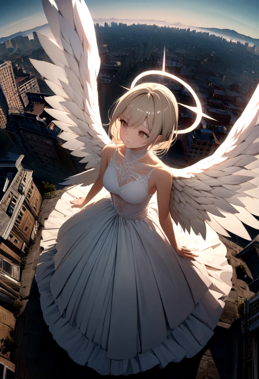 A very beautiful female angel\(Long platinum blonde hair, Wide back white dress,(There are beautiful big angel wings on the chest),Very beautiful shiny halo\), She gently opened her arms，Seeking redemption, She is above the clouds, looking down at the world below, Fierce war\((So many sparks and flames), fail, fighter, Many buildings collapsed, Nature is destroyed, Magnificent and spectacular views\) Happening Under the Clouds, rest ,quality\(8K,Extremely detailed CG unit wallpaper, masterpiece,high resolution,top-quality,top-quality real texture skin,Surrealism,提high resolution,original photo,Best quality,Very detailed,wallpaper,light,Ray Tracing,Golden Ratio\),[Not suitable for working hours],Dynamic Angle,[Not suitable for working hours],from above