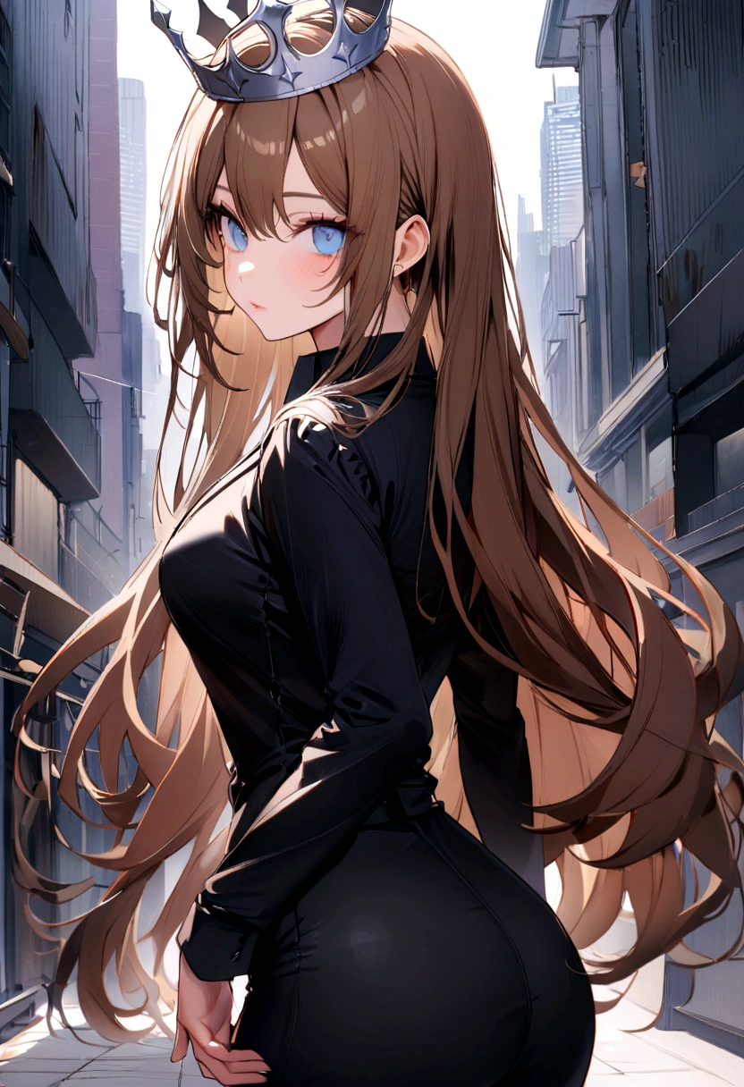 (Highest quality)(1 woman,single,long hair,brown hair,blue eyes,sexy figure ,Black suit shirt,There is a small silver crown on the head.,Turn to look at the viewer, Standing on the edge of a skyscraper) look back