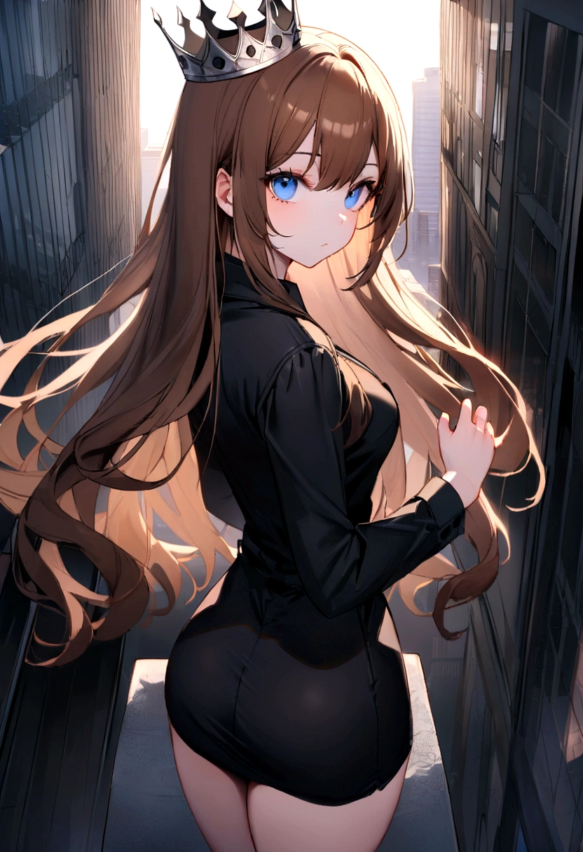 (Highest quality)(1 woman,single,long hair,brown hair,blue eyes,sexy figure ,Black suit shirt,There is a small silver crown on the head.,Turn to look at the viewer, Standing on the edge of a skyscraper) look back