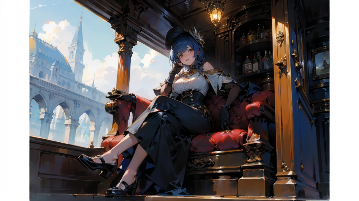 ((best quality)), Jewelry Packaging)),((1 Obese girl))，yacht，Cross your legs，Dark blue hair，Luxurious details everywhere，inside a train，Platform shoes，((Gloves))，（Nikolai Fehin），( Fisher, )，The background is the reservoir