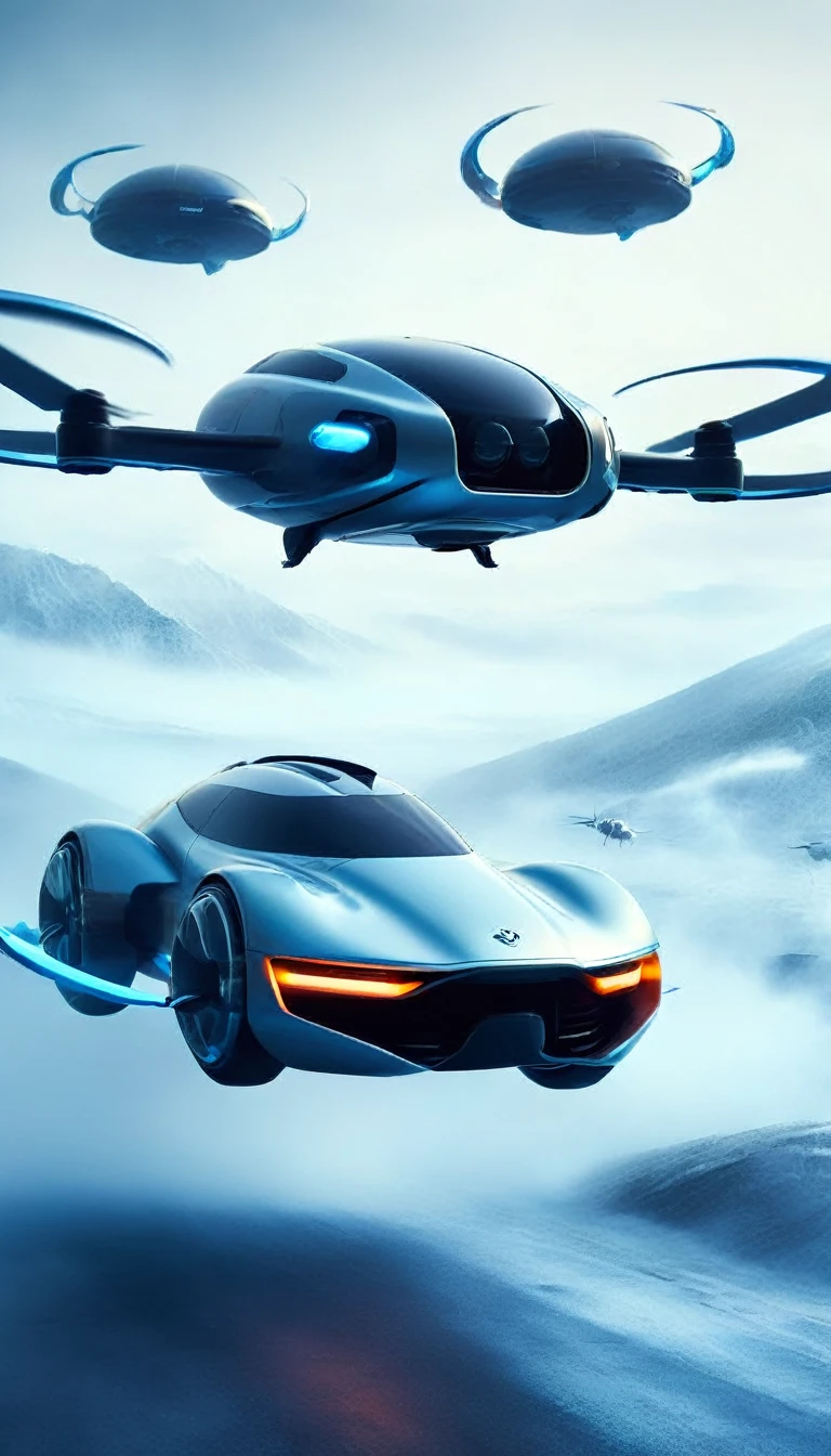 a futuristic concept art of a drone car with passengers