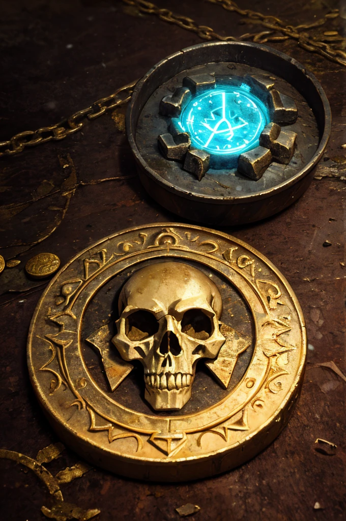 Ancient coin from the Middle Ages has a cursed appearance, evoking a sense of mystery and awe. Forjada em um metal escurecido pelo tempo, its surface is marked by enigmatic and worn symbols, that seem to tell stories of ancient curses and rituals. No centro da moeda, a skull engraved with macabre details stares at the viewer, seus olhos vazios parecendo seguir quem o segura. Around the skull, incomprehensible runes form a circle, emitting an aura of restlessness. The edges of the coin are jagged and rough, as if it had been ripped from a larger artifact or found in ancient ruins. Ao toque, the currency is surprisingly cold, and some claim to feel a slight vibration, como um pulso maligno. The green patina covering parts of the coin adds a sense of antiquity and decadence, while small cracks and rust spots indicate its long exposure to hostile elements. A luz que incide sobre a moeda parece ser absorvida em vez de refletida, giving it a dull and sinister appearance. Stories told over the centuries suggest that possession of this coin brings bad luck, illness and despair, and many believe that it was created by an alchemist in pact with dark forces. This cursed coin isn't just a collector's item, but a tangible reminder of the dangers of forbidden power and unmeasured avarice.