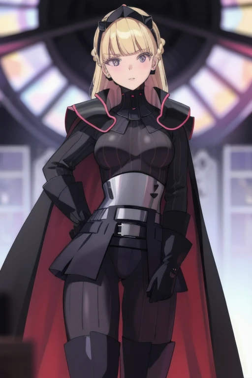 8k,highres,absurdres,masterpiece,best quality,original,extremely detailed CG,extremely detailed wallpaper,perfect lighting,1girl,solo,blurry_background,looking_at_viewer,
AmSW,long hair,blonde hair,black gloves,purple eyes,black hairband,cape,cape around her body,black bodysuit,medium breasts,braid,blunt bangs,