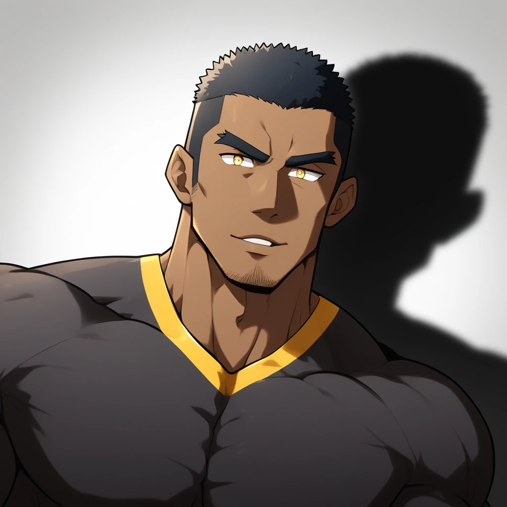 negro, negro, negro, anime characters:Gyee, Muscle Sports Student, negro black skin, 1 muscular tough guy, Manliness, male focus, Dark grey and Yellow long sleeve tights, Very tight, The pectoral muscles are oversized, Slightly transparent, muscular male, muscular, only, Upper body, alone, Black short hair, Thick eyebrows, stubble, Yellow eyes, White background, simple background, amazing quality, best aesthetics, Ridiculous, bright pupils, crew cut, parted lips, seductive smile, torogao, naughty face, drop shadow, best quality