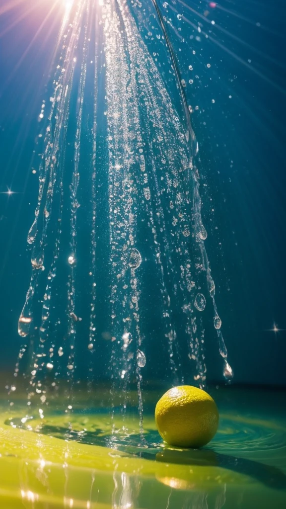 Summer Dream,The faucet washes the fruit in the sink,Dreamy lighting,The scattered water drops float in the air and sparkle in the sun,HD,Details,Best quality