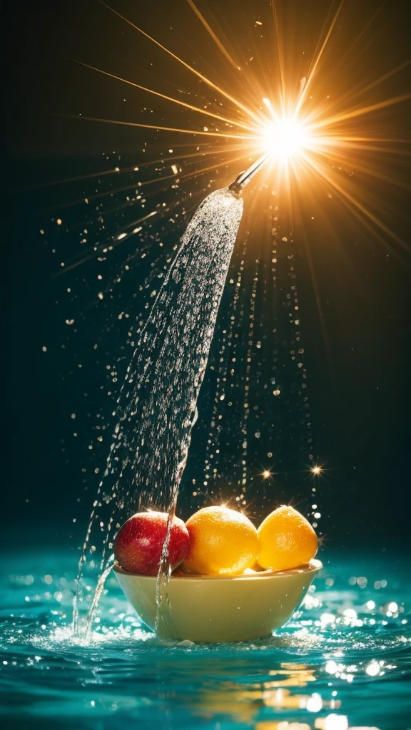 Summer Dream,The faucet washes the fruit in the sink,Dreamy lighting,The scattered water drops float in the air and sparkle in the sun,HD,Details,Best quality