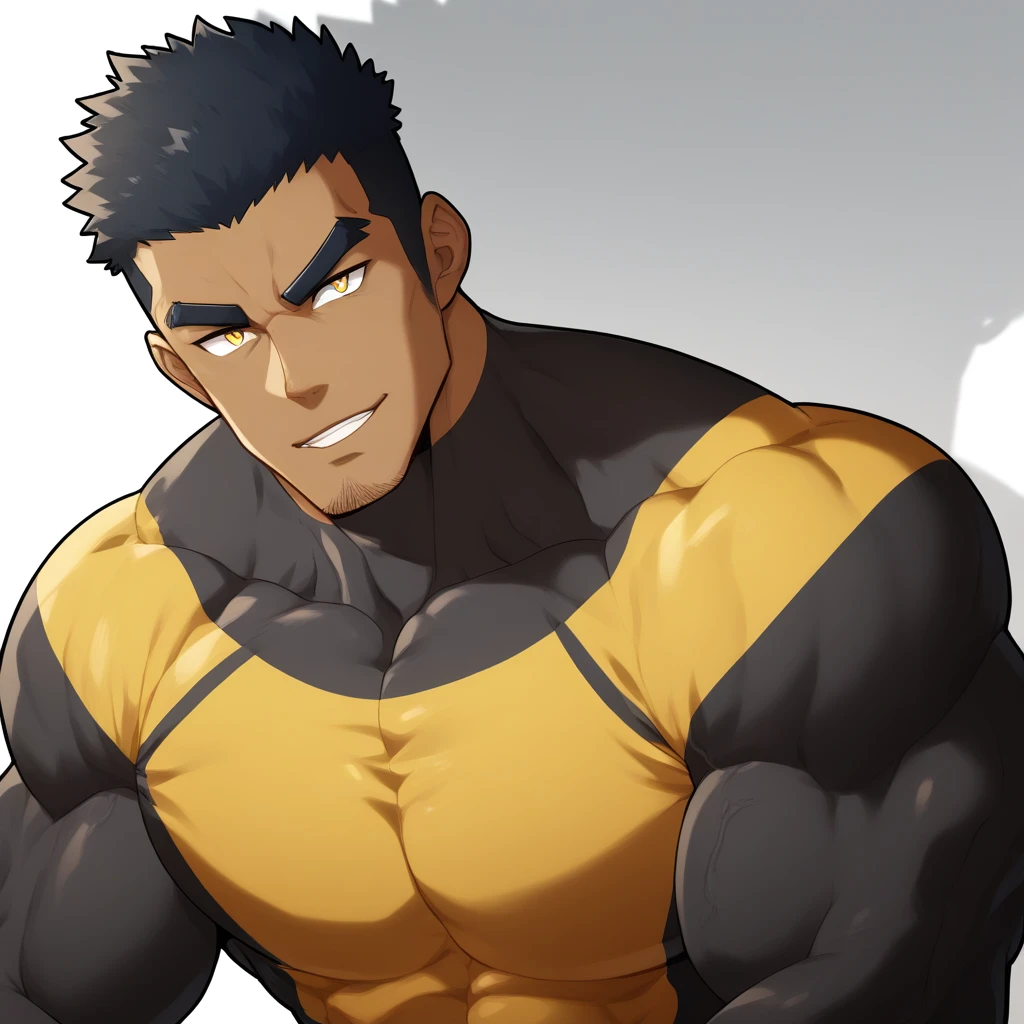 negro, negro, negro, anime characters：Gyee, Muscle Sports Student, negro black skin, 1 muscular tough guy, Manliness, male focus, Dark grey and Yellow long sleeve tights, Very tight, The pectoral muscles are oversized, Slightly transparent, muscular male, muscular, only, Upper body, alone, Black short hair, Thick eyebrows, stubble, Yellow eyes, White background, simple background, amazing quality, best aesthetics, Ridiculous, bright pupils, crew cut, parted lips, seductive smile, torogao, naughty face, drop shadow, best quality
