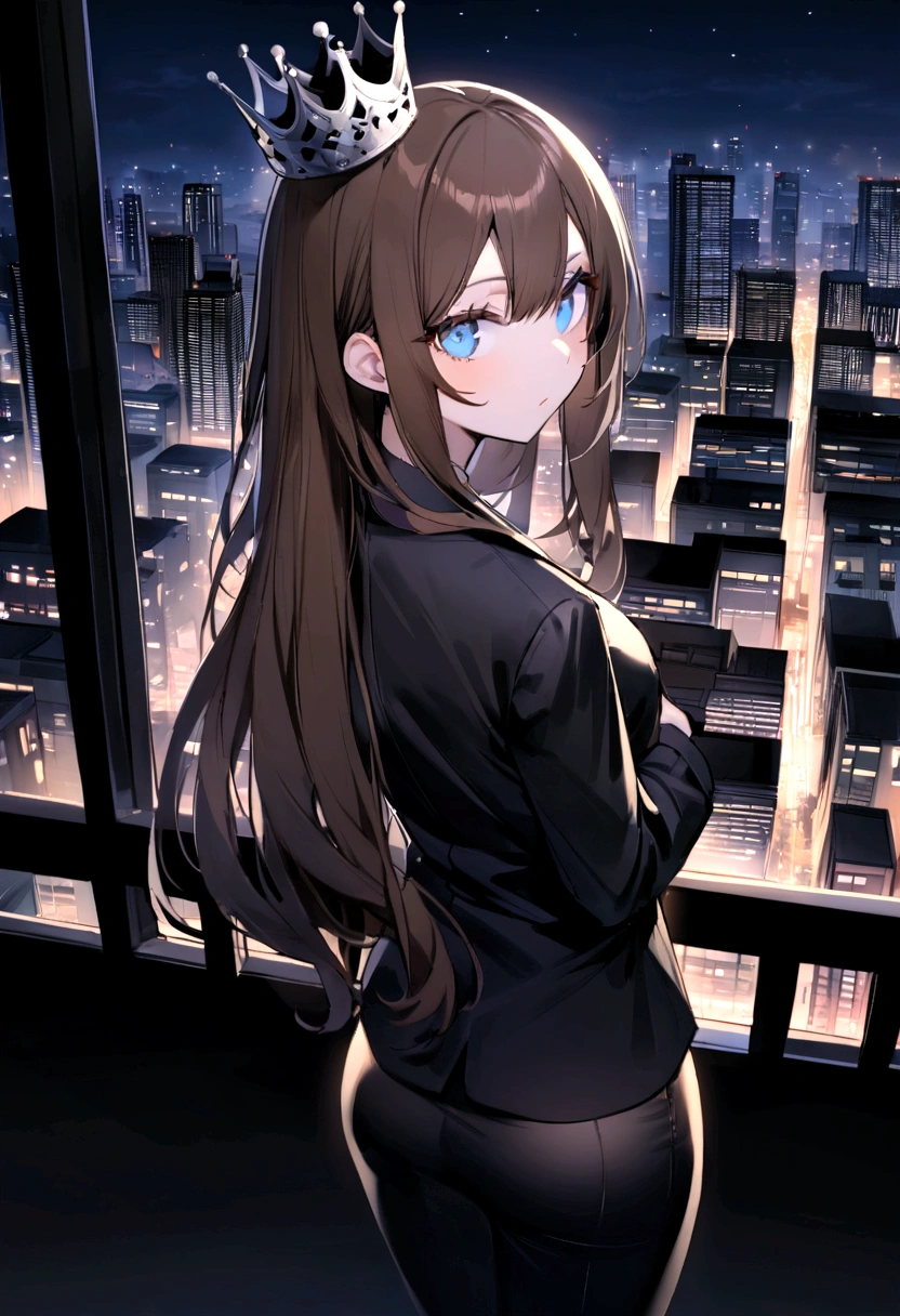 (Highest quality)(1 woman,single,long hair,brown hair,blue eyes,sexy figure ,Black suit shirt,There is a small silver crown on the head.,Turn to look at the viewer,(skyscraper roof, overlooking the city, Detailed background (night time, darkness, little light pollution)) look back