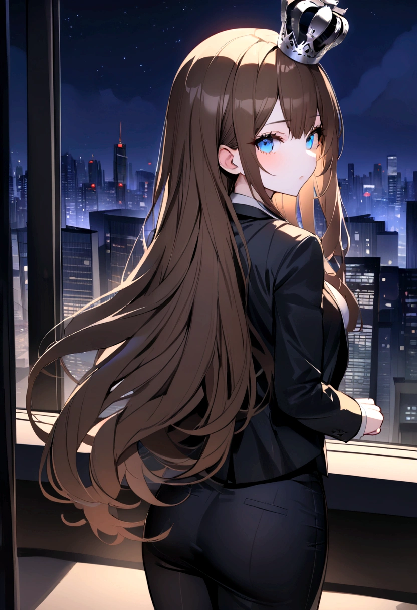 (Highest quality)(1 woman,single,long hair,brown hair,blue eyes,sexy figure ,Black suit shirt,There is a small silver crown on the head.,Turn to look at the viewer,(skyscraper roof, overlooking the city, Detailed background (night time, darkness, little light pollution)) look back