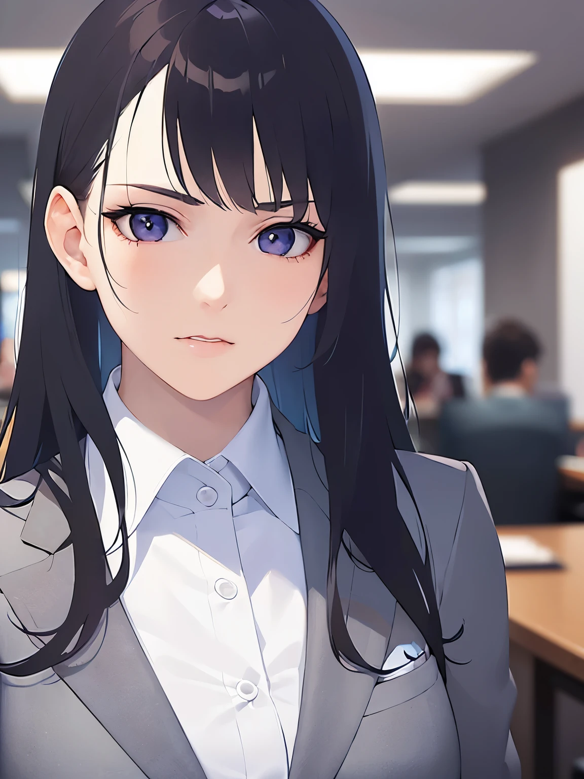 Detailed CG, Ultra-fine illustrations,masterpiece,highest quality, AW Photos,Realistic,Upper Body,BREAK(business suit:1.5)and(white collared shirt)BREAK,(Pale skin:1.2),Shiny skin Shiny Hair,(A 26-year-old woman with straight hair and bangs)and(Medium Hair)and(Black Hair)and(Purple eyes),(clenching jaw:1.5)(Biologically correct5Fingesurprised)and(missing fingers),The background is the company reception desk,upper body,alone