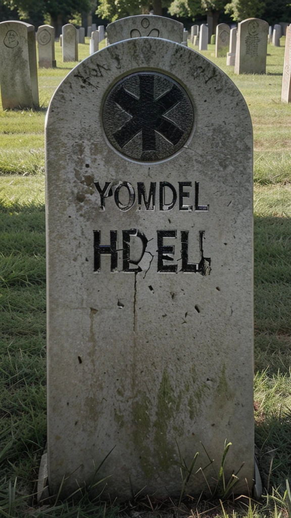 Photorealistic  grave headstone with the words "see yall in Hell" on it in a realistic manner, realistic grass graveyard background