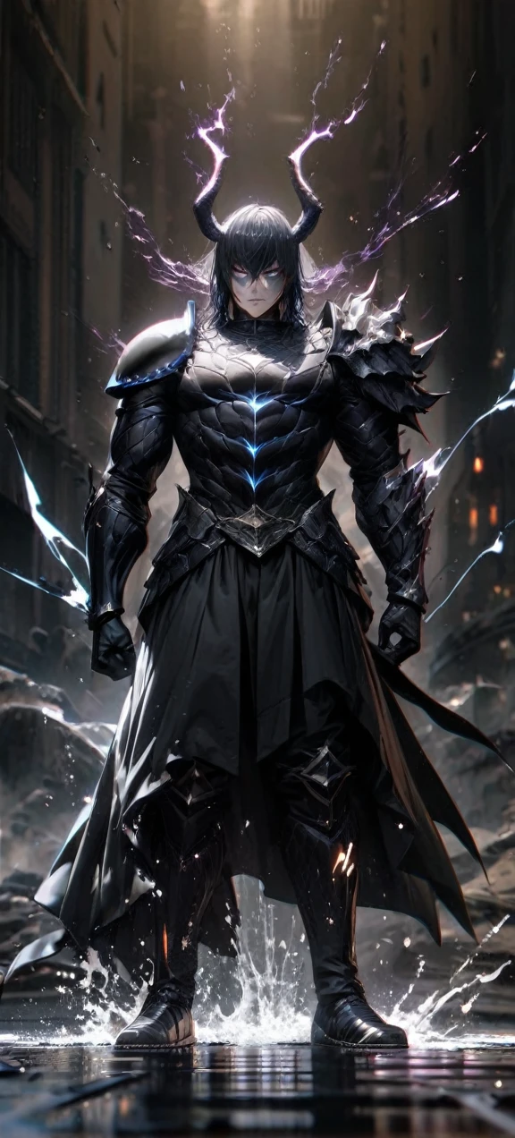 High quality, ultra realistic,absurdres, highres, ultra detailed, HDR, masterpiece, extremely detailed face and eyes, Sagitarius Seiya, Saint Saiya , Dark Armor, solo, ,man, handsome, ,white eyeleshes, black eyes , villain expresion, black splashing effect, dark black lightning effect,glowing glitters , symetrical , black aura, full body view