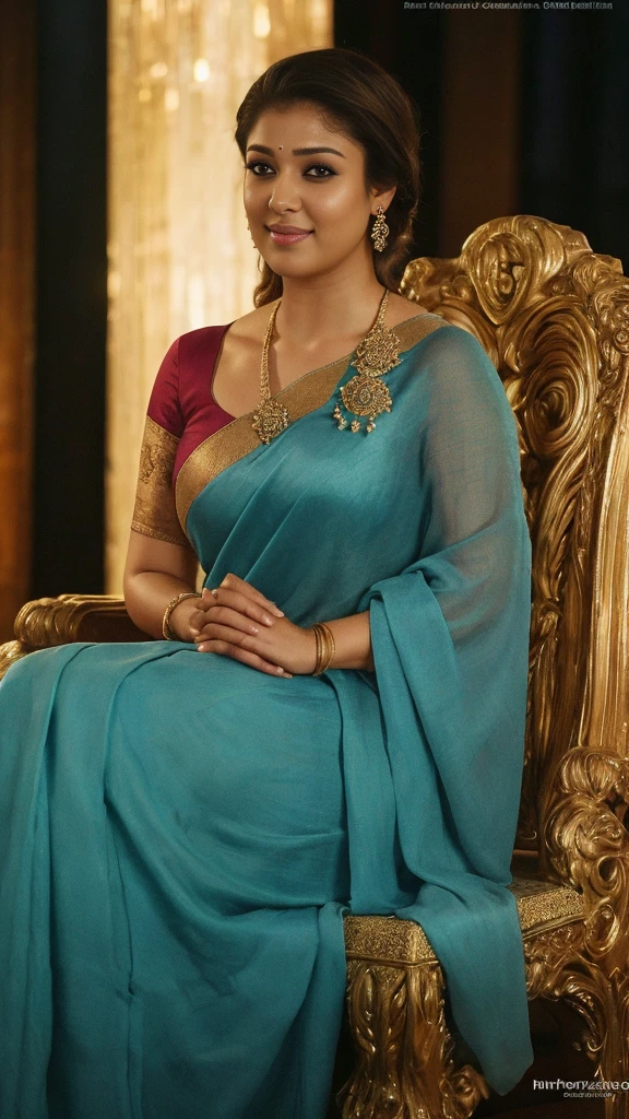 night scene, close up photo of nayanthara, curvy, hourglass figure, swooping breasts, royal pose on throne, look at viewer and subtle smile, satin silk blue saree, sultry, 36 yo, HD, 4k, ultra high quality, (cinematic:1.3), intricate details, (ArtStation:1.2)