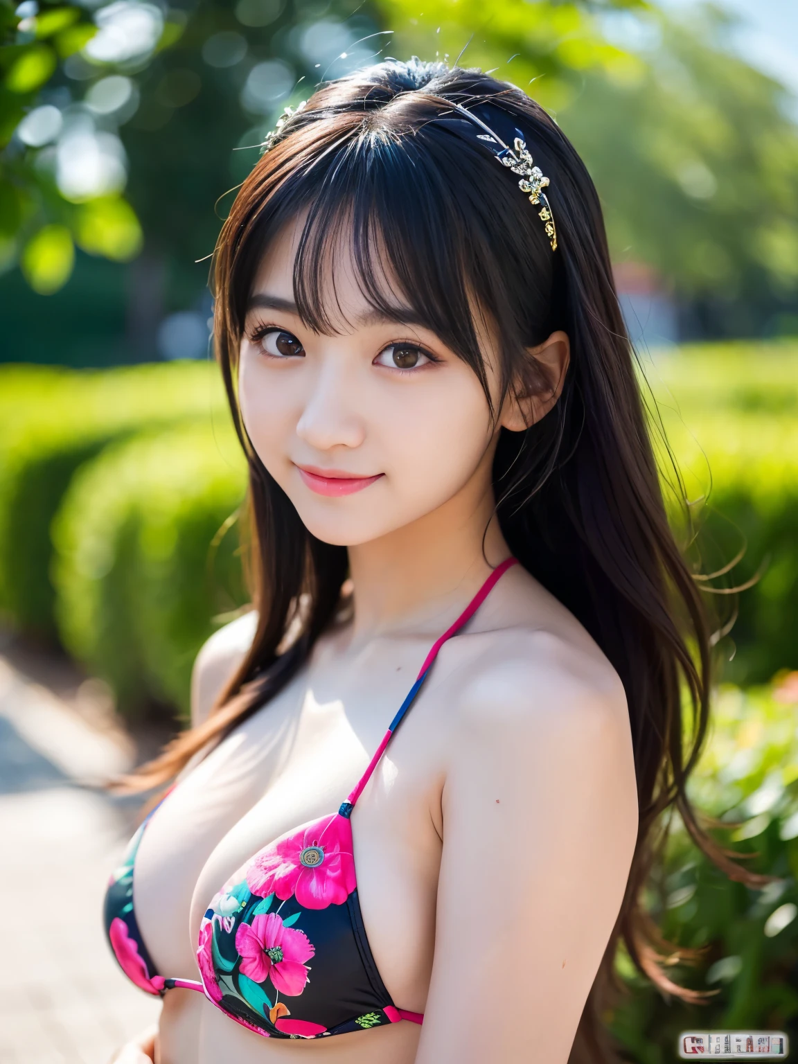 (Best-quality, Masterpiece, Ultra-High-Resolution, (Photorealistic:1.4), Raw Photo, depth of field, professional lighting, perfect anatomy, extremely details), 1girl, 15-years-old, the most famous Japanese idol, wearing colorful bikini with cute design, in summer beach, dynamic pose, (extremely cute face like the most popular Japanese idol, (extremely beautiful big-black-eyes), extremely beautiful hair), (((extremely beautiful and extremely realistic skins))), extremely beautiful long-eyelashes, extremely beautiful lips, extremely beautiful body, looking at viewer, innocent smile