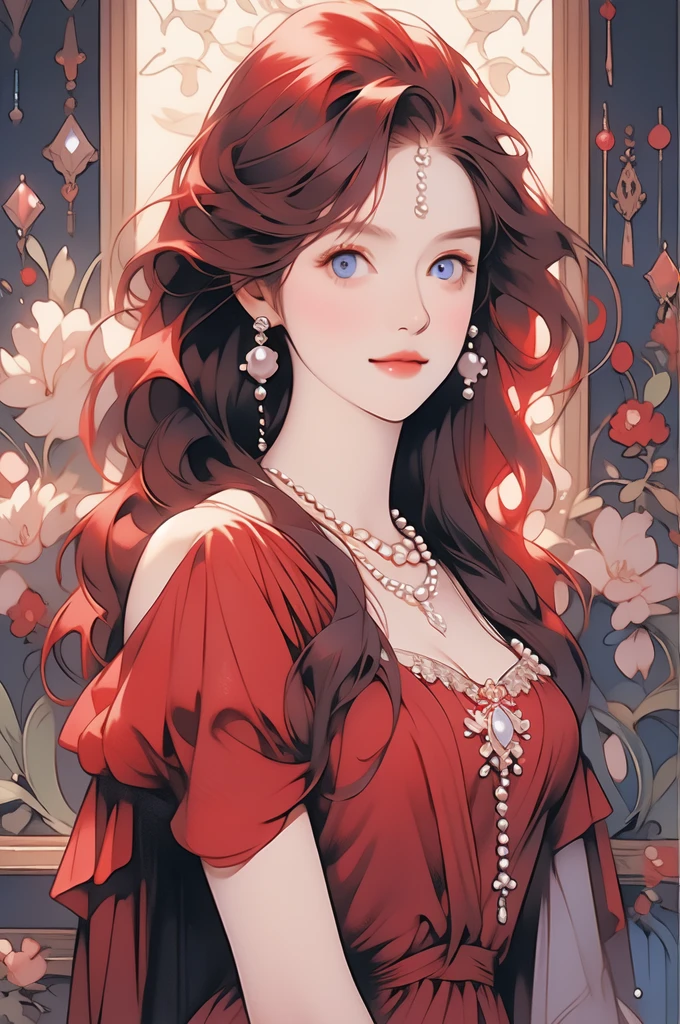 a beautiful woman wearing a red dress and a pearl necklace posing for a picture, 1girl, solo, realistic, breasts, long hair, cleavage, necklace, jewelry, blue eyes , red hair , ,smile ,crystalline dress,Pre-Raphaelite, Rubric Maxim
