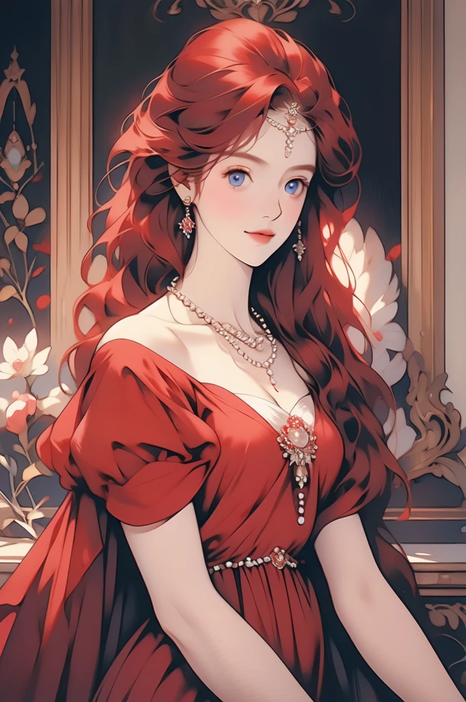 a beautiful woman wearing a red dress and a pearl necklace posing for a picture, 1girl, solo, realistic, breasts, long hair, cleavage, necklace, jewelry, blue eyes , red hair , ,smile ,crystalline dress,Pre-Raphaelite, Rubric Maxim
