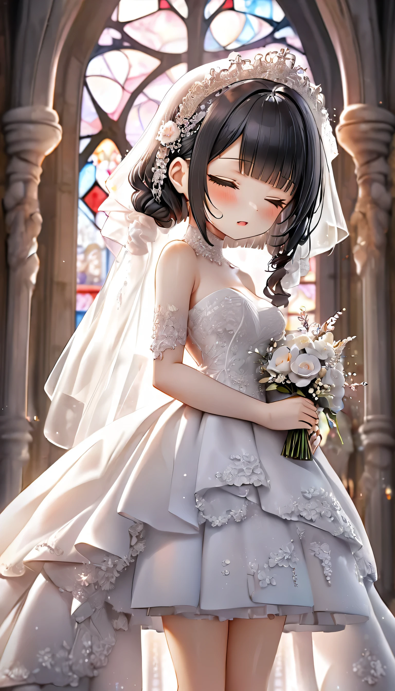 (nendoroid:2) (June Bride style) ( yo, solo) ((blunt bangs)) black hair long hair sexy girl, sexy closed eyes) ((makeup, rozy mouth)) (in a sexy bride A stunning silk:1.3 wedding dress), (in the divine Chapel), BREAK, perfect anatomy, masterpiece, best quality, 16k, beautiful detailed grow, daydreaming expression.