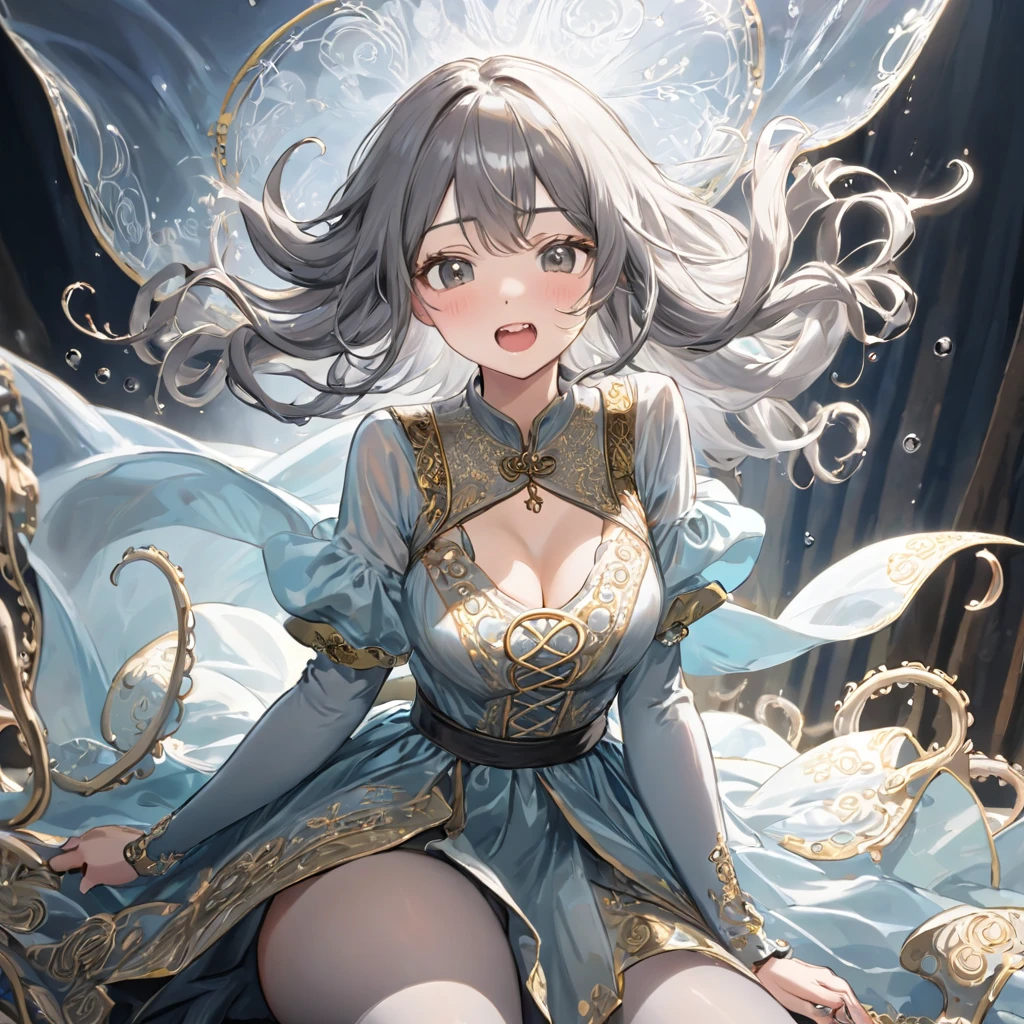 girl, Gold and silver embroidery, Medieval Long Dress(With panniers), Translucent fabric, Pull up the dress by hand, Strong winds, Translucent slip, Grey translucent tights, Peeking from below, Highest quality, Disorder of clothing, sit,Crotch close-up, whole body, Spread your legs,orgasm,blush, Sweat,White panties、Squat、Look at this、skirt、、Attacked by tentacles、Tentacles wrap around my legs、Tentacles in the crotch、Captured by tentacles、cry、shout、Ecstasy face、skirtの中の触手、Do not run away、Lying down、Torn clothes、skirtの下からスパッツが見えます、Spread your legs、Disheveled clothing、skirtをめくった、