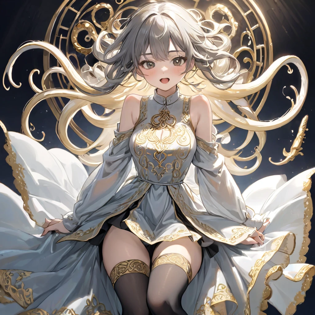 girl, Gold and silver embroidery, White-gray pearl medieval long dress(With panniers), Translucent fabric, Pull up the dress by hand, Strong winds, Translucent slip, Grey translucent tights, Peeking from below, Highest quality, Disorder of clothing, sit,Crotch close-up, whole body, Spread your legs,orgasm,blush, Sweat,White panties、Squat、Look at this、skirt、、Attacked by tentacles、Tentacles wrap around my legs、Tentacles in the crotch、Captured by tentacles、cry、shout、Ecstasy face、skirtの中の触手、Do not run away、Lying down、Torn clothes、skirtの下からスパッツが見えます、Spread your legs、Disheveled clothing、skirtをめくった、