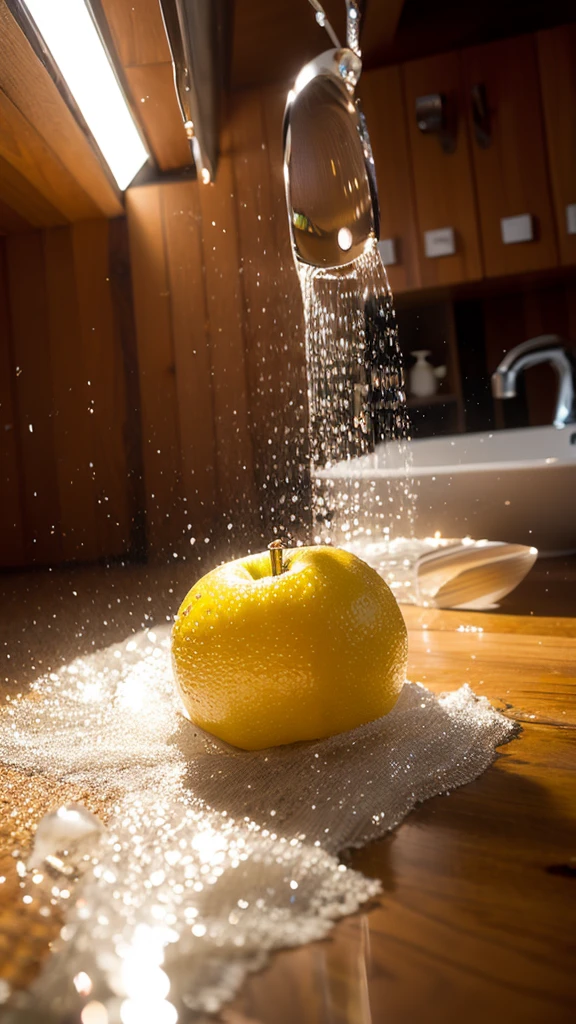 Summer Dream，The faucet washes the fruit in the sink，Dreamy lighting，The scattered water drops float in the air and sparkle in the sun，HD，Details，Best quality