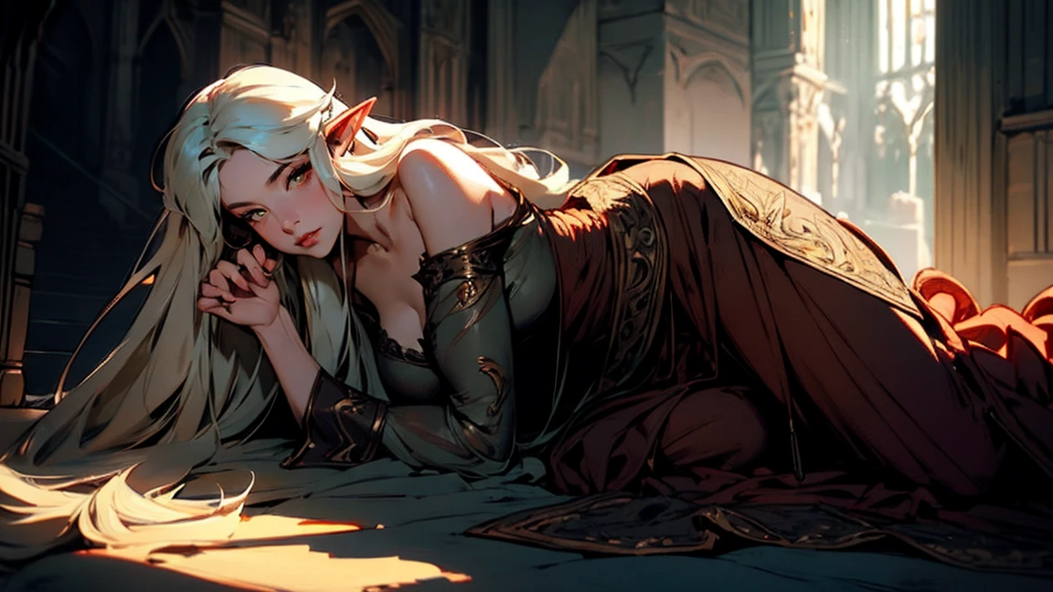 { - anatomy error}(Masterpiece - Ultra-detailed, very high resolution) Prepare to be enchanted by a true masterpiece that combines ultra-detailed art with high-resolution rendering. This work depicts a mesmerizing adult elf with long white hair (1.3) and captivating yellow eyes (1.2), emanating an aura of elegance and mystery in medieval settings. The intricate details and realistic textures invite you to explore every aspect of this enchanting composition. Woman wearing medieval elf costumes covering everything. Red lips. No cleavage. small breasts. NO CLEavage. Walking, writing, lying down, standing, on your back, dynamic poses. Get ready to dive into a world where beauty and craftsmanship merge perfectly