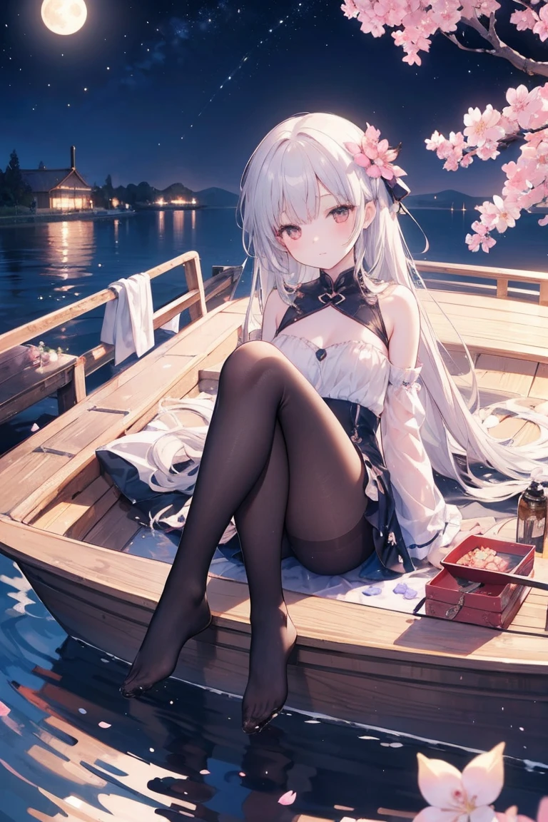 A young girl lying comfortably on a boat, looking up at the starry night sky filled with colorful flowers surrounding the boat, reflecting the bright moon on the lake surface, distant cherry blossom scenery in the background, medium and long distance view, deep depth of field, detailed details. High resolution image, vivid colors, dreamy atmosphere, romantic scene, beautiful night sky, blooming flowers, reflection of the moon on the lake, distant cherry blossoms, serene environment, peaceful mood, starry sky, flower decoration, boat ride, comfortable position, young girl's innocence, tranquility., eluosi, blackpantyhose, qiqiu, 1girl