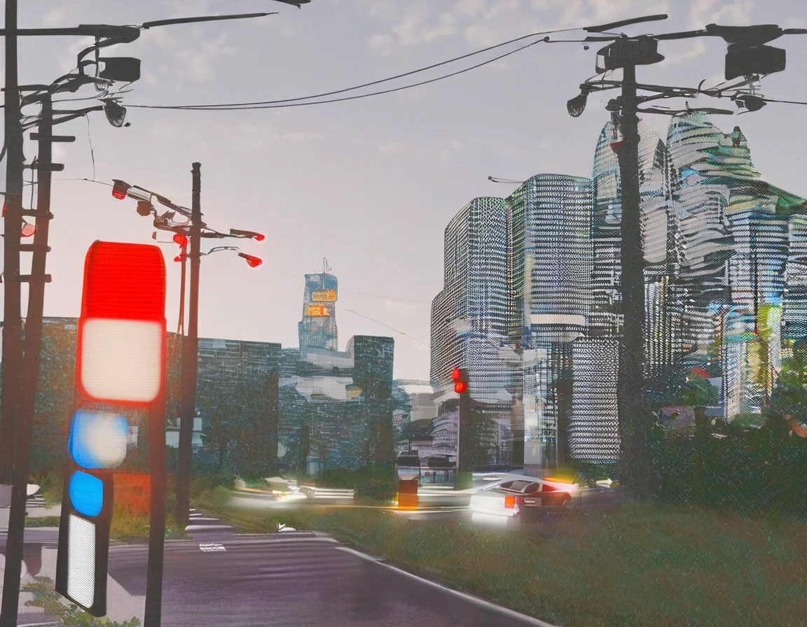 Traffic lights flashing blue against a blue sky in the forest、Traffic lights floating in the sky、Animal Traffic Lights、Rabbits and squirrels are waiting for the traffic light at the crosswalk、The traffic light is flashing blue、White clouds on a clear sky、Face Highlights、Lo-fi art style, Nostalgic and melancholic artwork, 