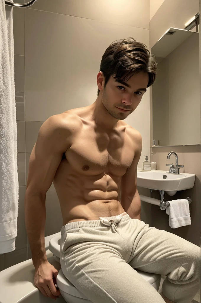 A cozy bathroom with soft, warm lighting. A white realistic cute kitten sits on the toilet seat with his pants around his legs, holding a mobile phone. The kitten's face is lit up by the glow of the screen as he is engrossed in a game.
Mood: Relaxed and focused.
