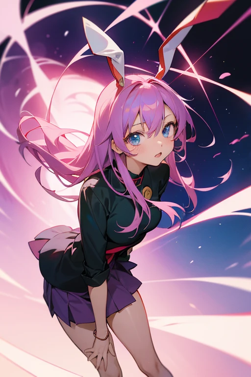 anime girl with pink hair and blue eyes wearing a black shirt , anime girl named shikimori as an anime character, anime visual of a cute girl, young anime girl, reisen udongein inaba, anime character, anime best girl, anime style like fate/stay night, female anime character, beautiful anime high school girl, in an anime