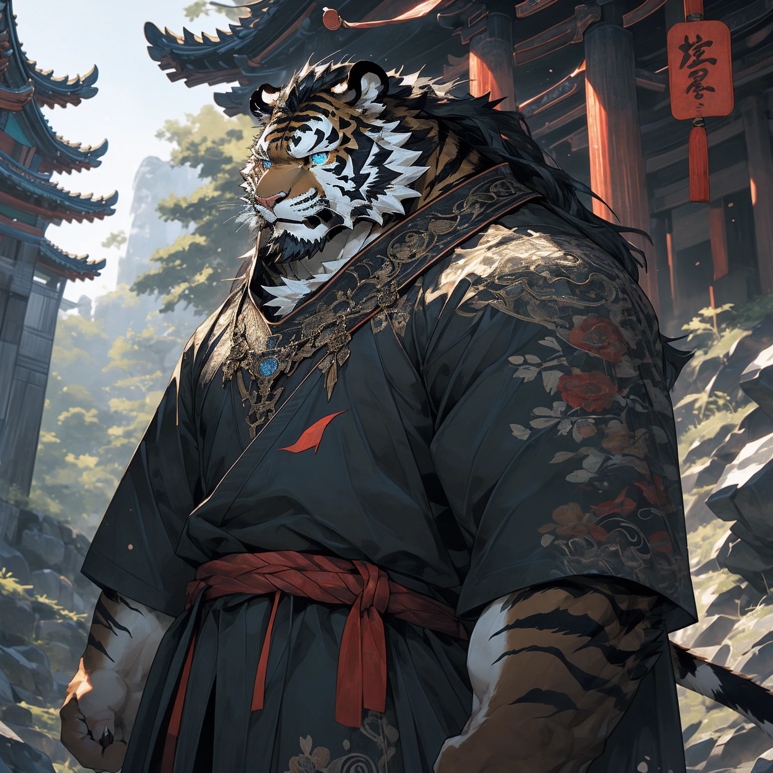 (黑色tiger),(黑色General战袍),Holding a sword,Powerful gesture,Stand confidently and proudly,(边塞Great Wall与沙漠戈壁为背景:1.2.Great Wall),abdominal muscles,Heroic Stance飒爽,完美的masterpiece,Various facial details,Long-term perspective,specific description,masterpiece,CG,(Light blue eyes),Light black pattern,Black tail,General,Heroic Stance,tiger,Black fur,Specific facial details,Half Body,(黑炭General战履),(Chang Ling),((middle aged)),(Face Focus),(16K),HD,Red and white belly,temple,beard,(Face line),Different students,(Black shirt),(Light black hair),Strong,muscle,(high resolution:1.3),Chinese style general holding a long sword,Looking into the distance