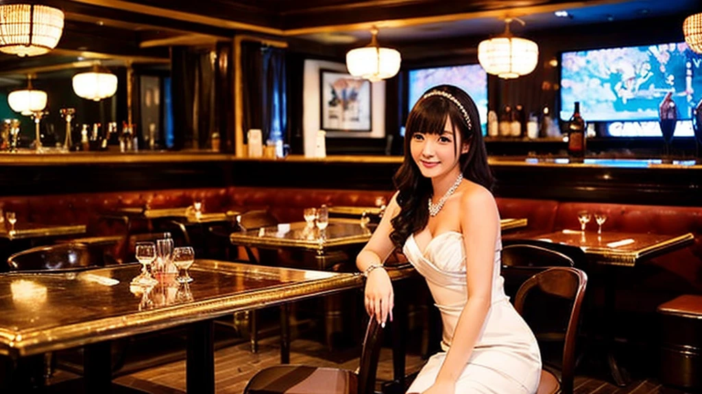 ・A hostess in a cabaret club in Bukicho ・A Japanese woman in her 20s ・Wearing a gorgeous white dress ・Serving customers while sitting on a chair ・The interior of the store has a high-class atmosphere