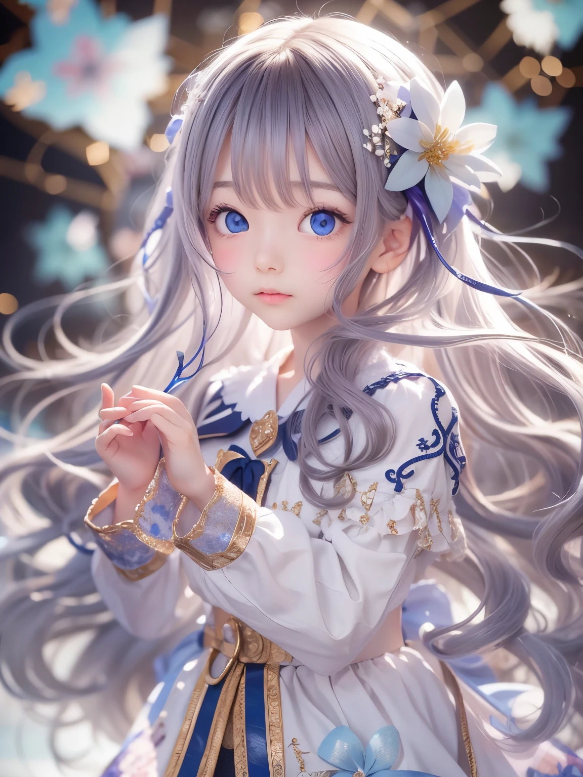 Highest quality, masterpiece,Gray Hair, Golden Eyes,White clothes, look up, Upper Body,hair,Fair skin,Side braid